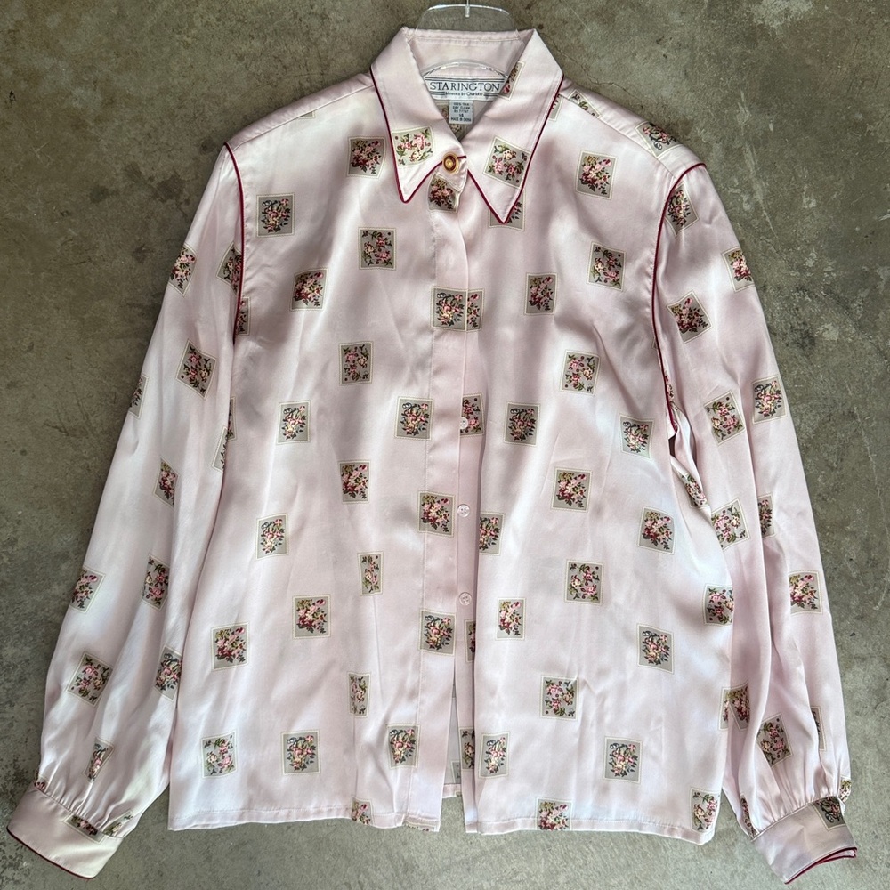 Vintage Saks Fifth Avenue Silk Light Pink Floral Square-Print Button-Down Shirt